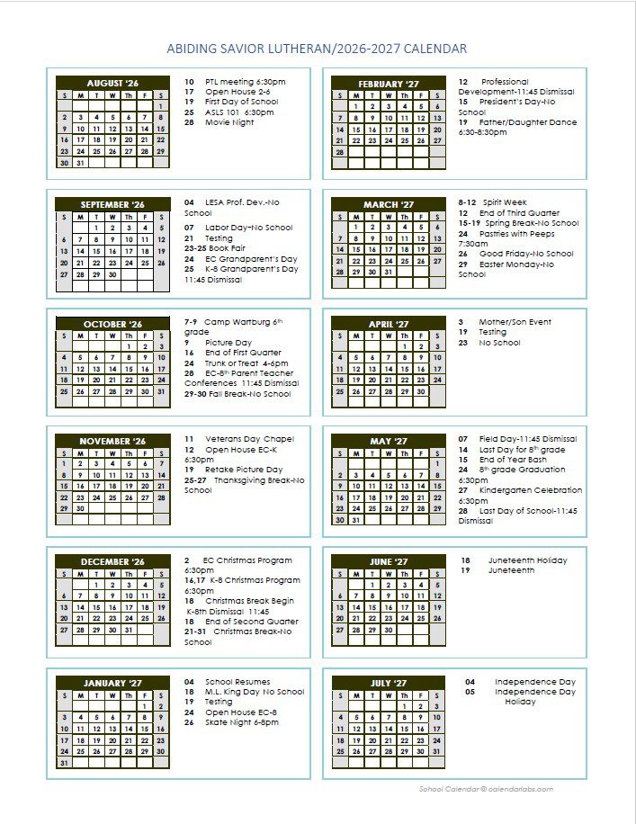 Abiding Savior Lutheran School 2026-2027 calendar showing important dates and events throughout the school year.